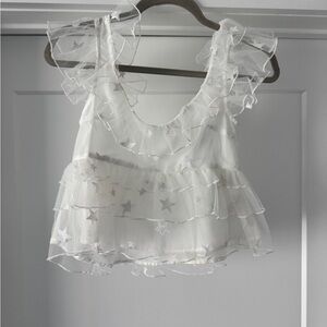 White Ruffled Star-Patterned Women's Top
